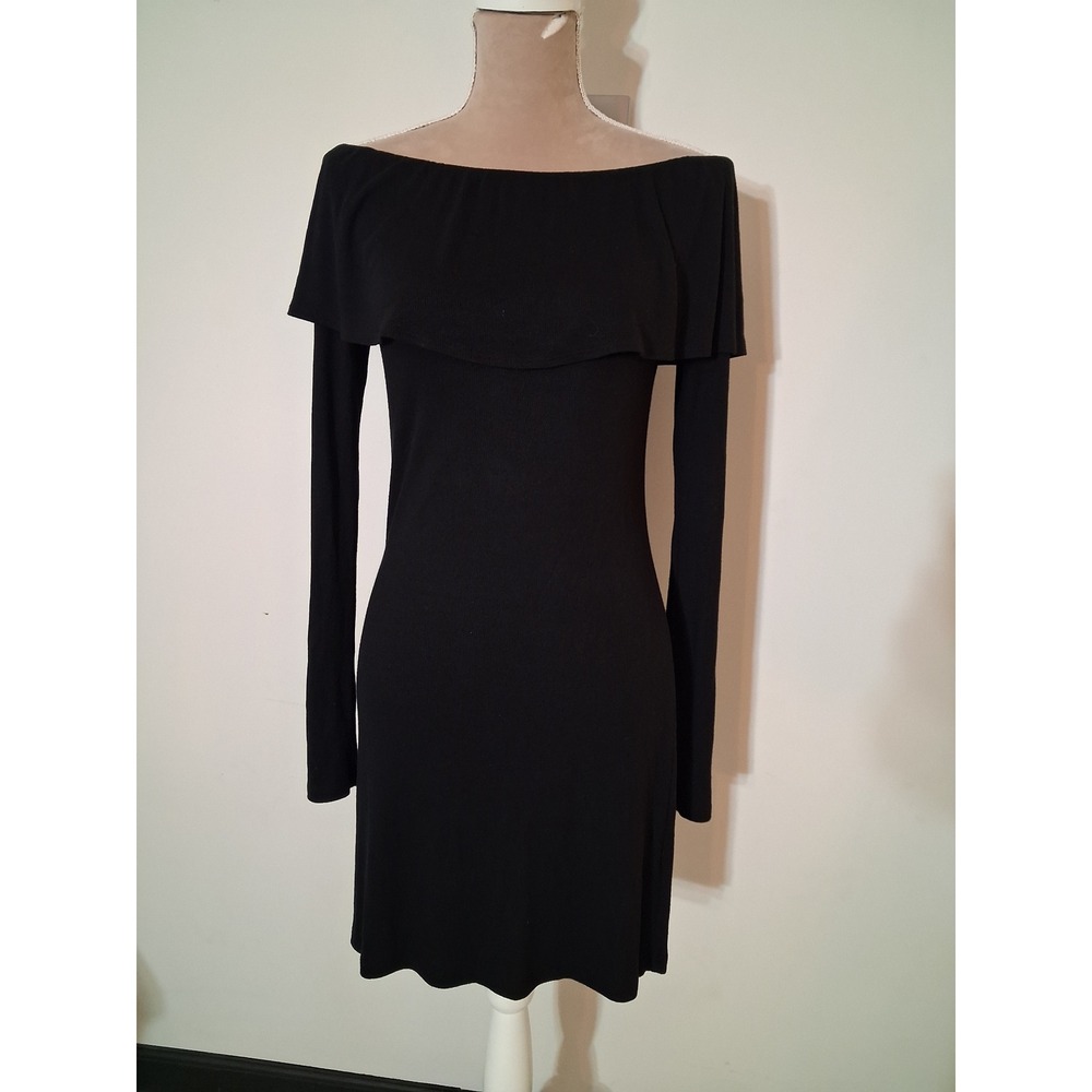 LA Made Luna Off The Shoulder Ribbed Mini Dress Black Long Sleeve Sz Medium New